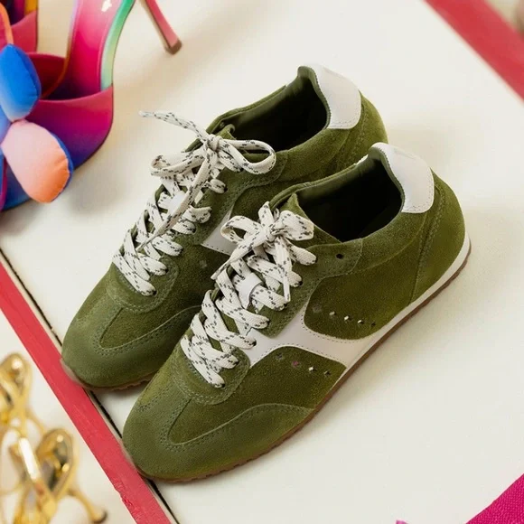 Larroude Stella Suede Sneakers in Seaweed Suede and Ivory Leather - Picture 3 of 11